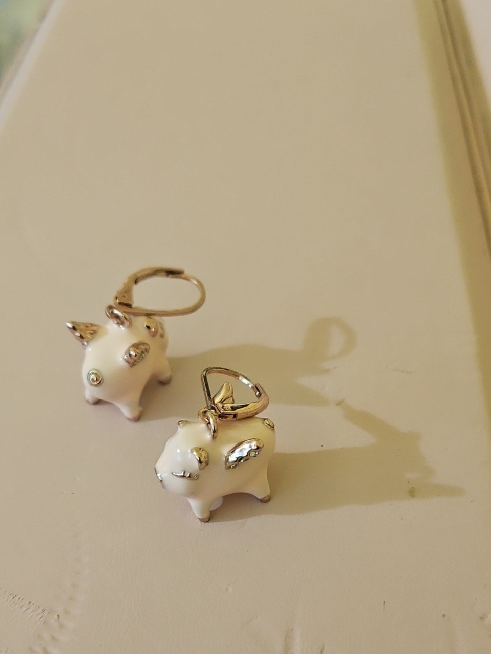 White Enamel Pig Charm Earrings with Gold Accents